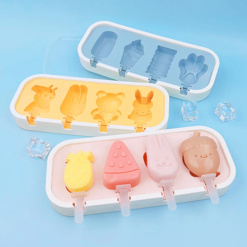 Силиконови Форми за сладолед с 4 дупки, направи си сам, Начална форма за сладолед за десерт, фризер, плодов сок, Форма за приготвяне на кубчета лед с Пръчки