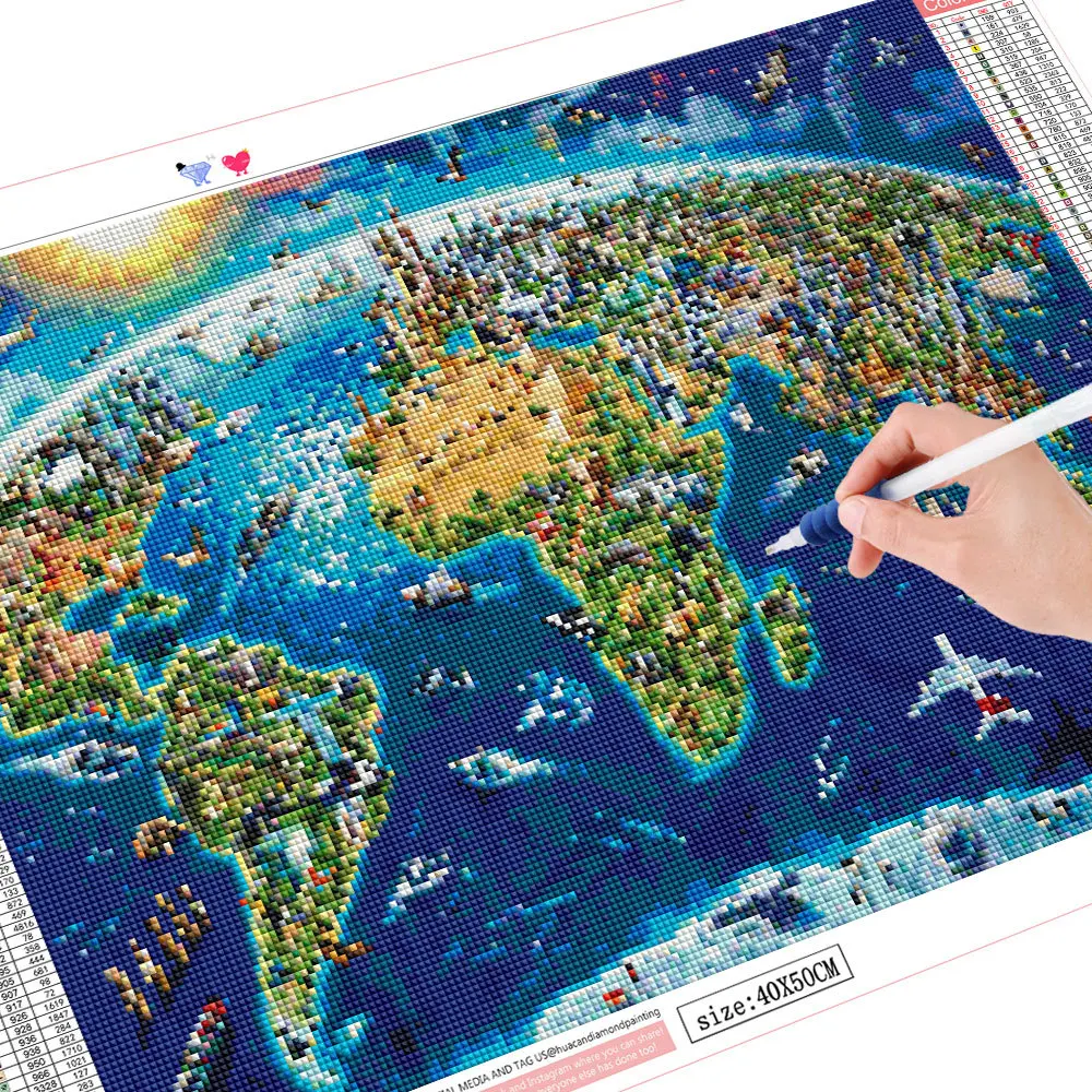 HUACAN 5D Диамантена картина Пейзаж САМ диамантена бродерия Карта на света Пълна тренировка Квадратна диамантена мозайка Градски декор за дома