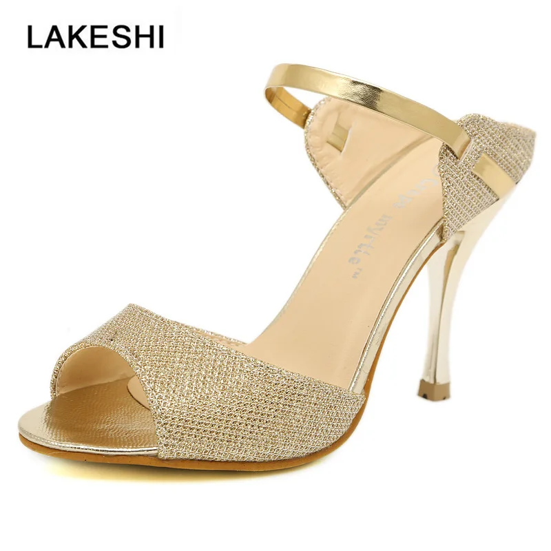 LAKESHI/ дамски обувки-лодка с отворени пръсти, обувки на висок ток златисто-сребрист на цвят, женски обувки на токчета, модерни сандали на тънък ток, лятна дамски обувки