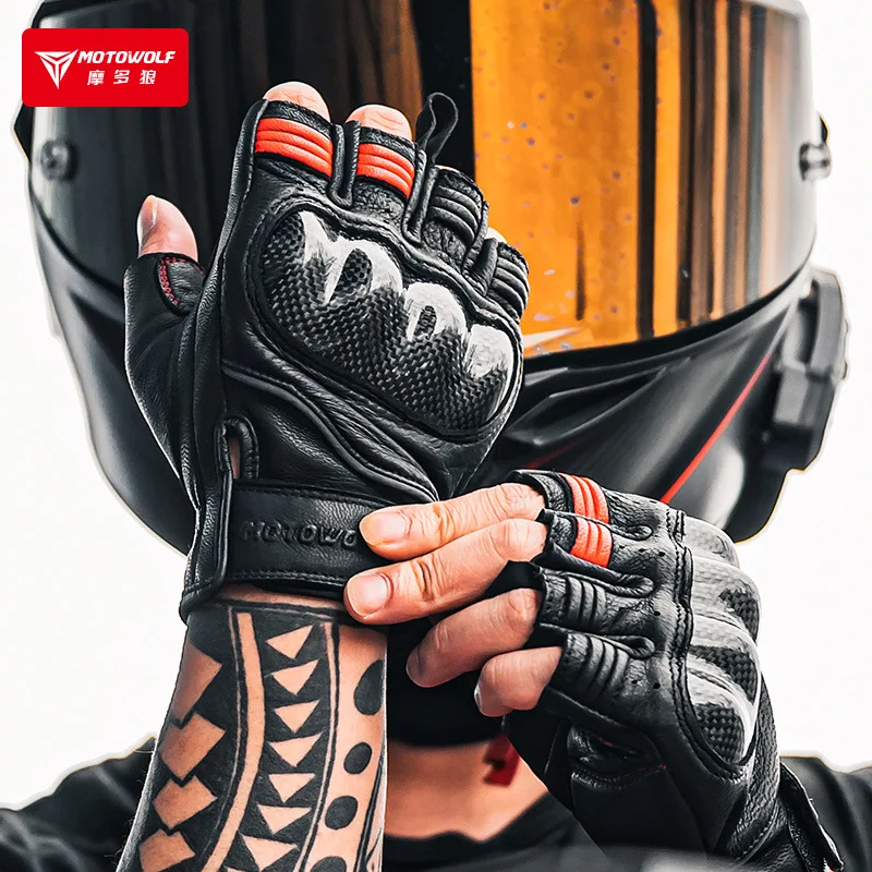 Motowolf Летни Черни мотоциклетни ръкавици от кожата без пръсти, мотоциклетни ръкавици ретро байкерском стил, полуперчатки в ретро стил за мъже и Жени за езда