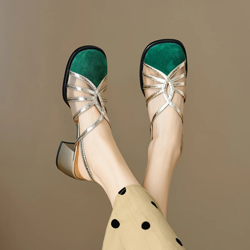Smirnova 2023 Нови разноцветни детски велурени сандали Елегантни дамски сандали с катарама на високо квадратен ток