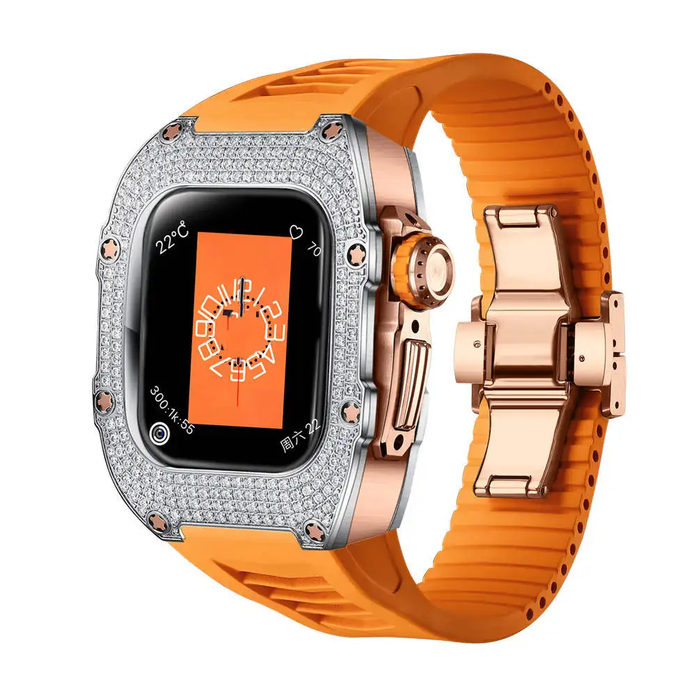 Блестящ титан калъф с диаманти + каишка от фторопластика, комплект модове за Apple Watch Series 8 7 6 5 4 SE