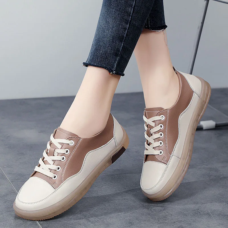 Модни Ежедневни обувки, Дамски лоферы от естествена кожа, Дамски Маратонки на равна подметка с шнур, Дамски Мокасини Zapatos Mujer WSH4807
