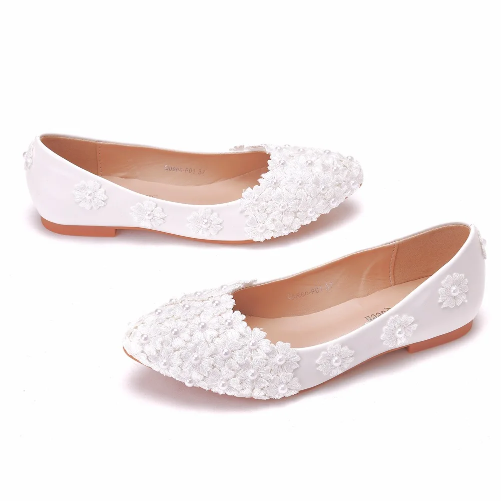 Секси балет апартаменти бели перли дантела сватбени обувки на плоска пета Ежедневни обувки с остър нос апартамента жени на сватбата на принцеса сандали на равна подметка