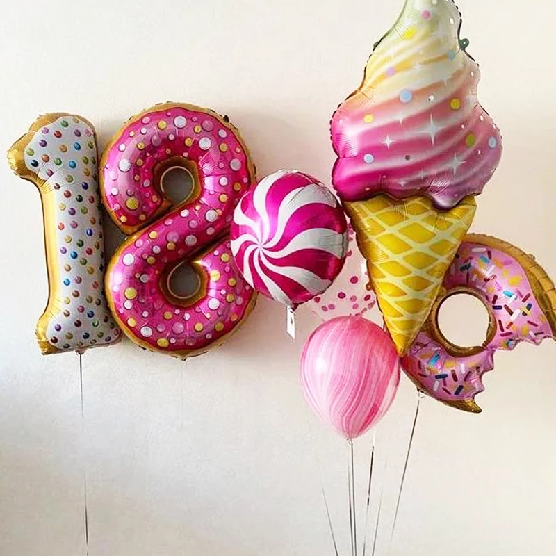 Цветни балони от кенди фолио, 32 инча, номер 0-9, Детски душ, Детски рожден ден, сватбени аксесоари, понички, сладолед, гелиевый топка