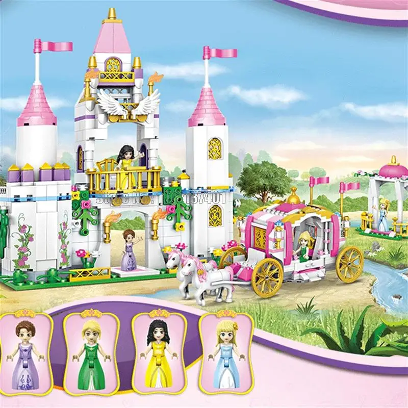 6743 712 бр., замък на Принцеси за момичета, Кралската карета, 2 Кукли, строителни блокове, тухла играчка