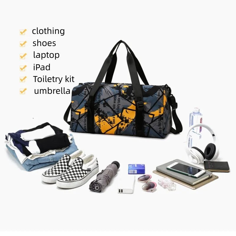 Спортна чанта с графити, спортна чанта за през нощта, модни индивидуална пътна чанта с отделение за обувки джоб за мокри дрехи, водоустойчив