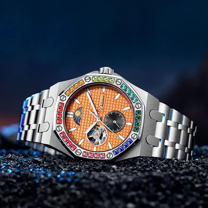 Механични часовници Color Knight, автоматични многофункционален часовник със защита от Слънцето, Луната и звездите, водоустойчив светещи мъжки часовник