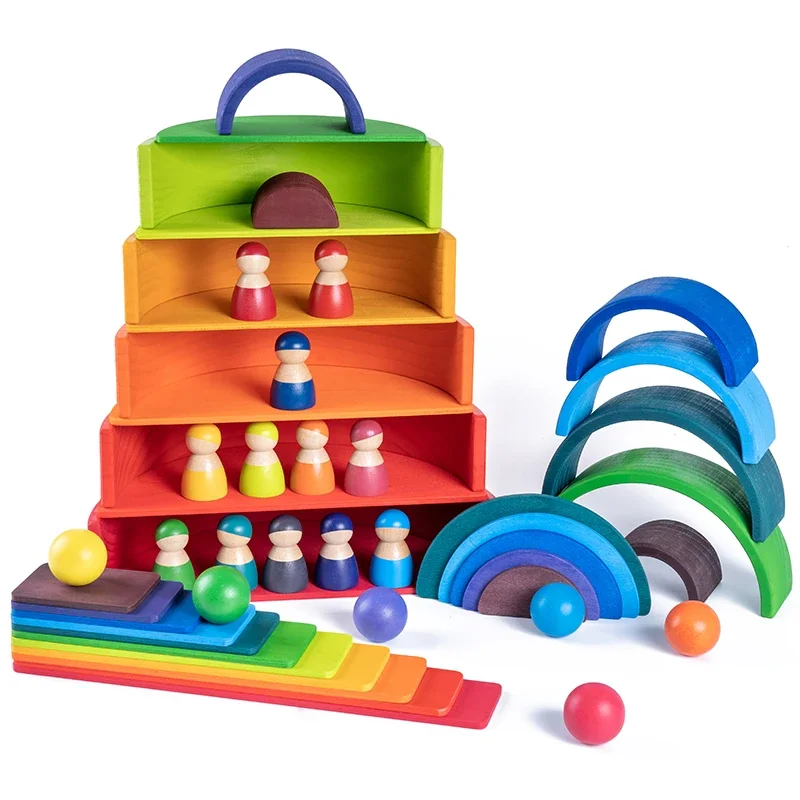 Ясен инвентар, дървена дъга чейнджър, вложени блокове, пъзел, дървена дъга укладочная играчка, забавни играчки за малки деца