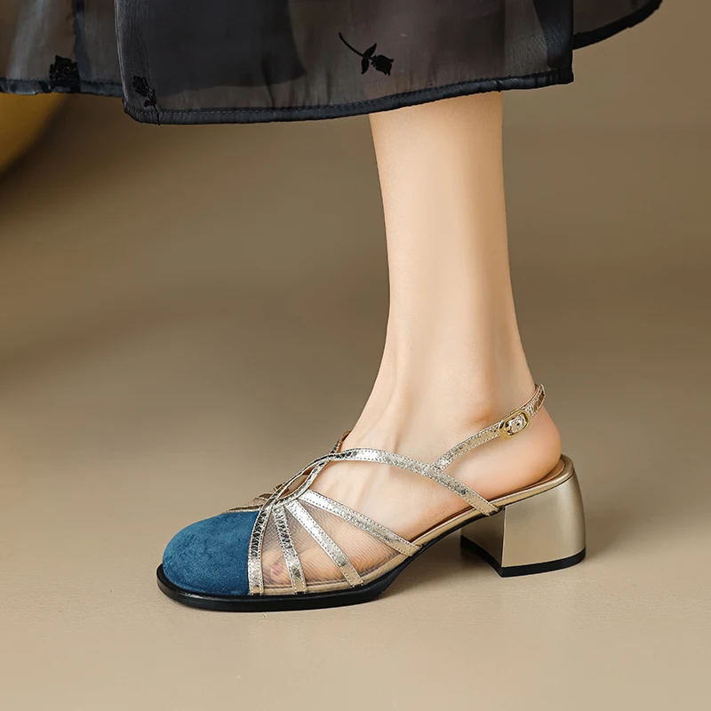 Smirnova 2023 Нови разноцветни детски велурени сандали Елегантни дамски сандали с катарама на високо квадратен ток
