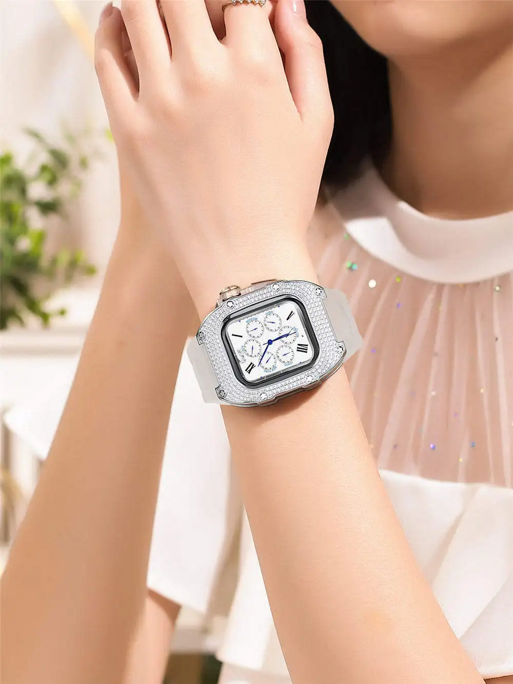 Блестящ титан калъф с диаманти + каишка от фторопластика, комплект модове за Apple Watch Series 8 7 6 5 4 SE