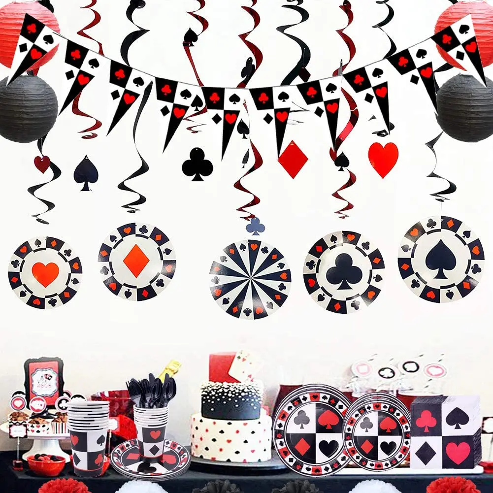 Декор за покер парти Хартиени чинии, Чаши, Салфетки, Тематични аксесоари за Лас Вегас, на банер, на Покер балон, Покривката за парти в казино, съдове