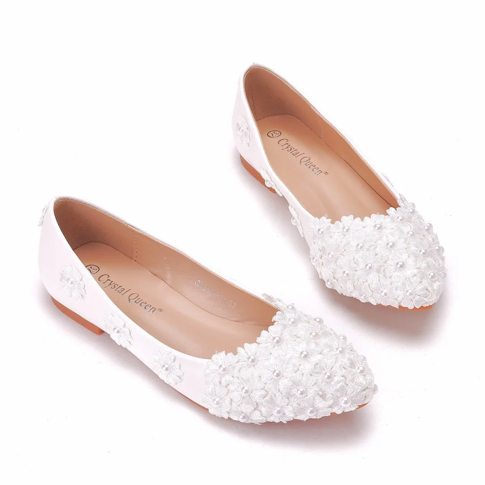 Секси балет апартаменти бели перли дантела сватбени обувки на плоска пета Ежедневни обувки с остър нос апартамента жени на сватбата на принцеса сандали на равна подметка