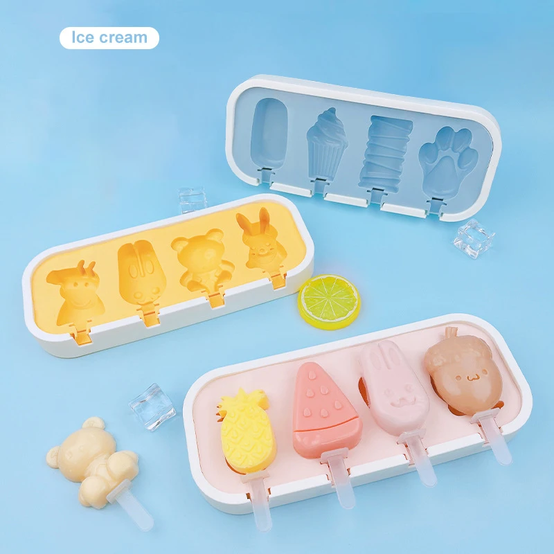 Силиконови Форми за сладолед с 4 дупки, направи си сам, Начална форма за сладолед за десерт, фризер, плодов сок, Форма за приготвяне на кубчета лед с Пръчки