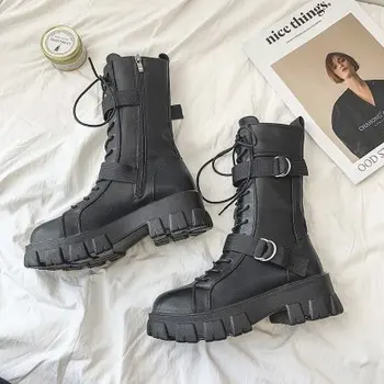 2022 Модни дамски обувки от изкуствена кожа на дебелото дантела, обувки с кръгло бомбе, зимни дамски ежедневни ботуши с катарама