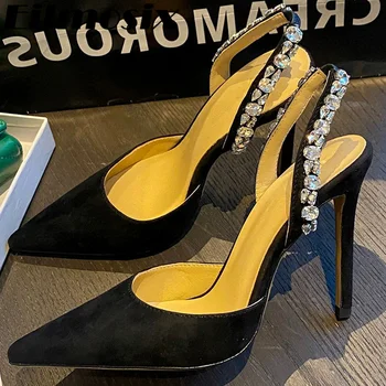 2022 Планински кристал каишка отзад Обувки на висок ток с показалеца пръсти Дамски модни сватбени обувки за шаферките, Вечерни модел дамски обувки