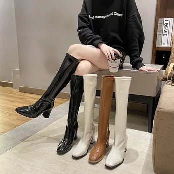 2022 луксозни ботуши от японската кожа на висок ток, жените ботильоны за езда с квадратни пръсти до коляното, дълги, тънки обувки със страничен цип, botas mujer