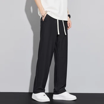 2023 Лятна градинска облекла, Коприна Лед, провиснал, против бръчки, корейската мода, преки Свободни широки панталони, мъжка марка дрехи Черен цвят
