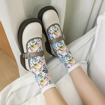 5 вида цветя, дамски ластични дълги чорапи с флорални принтом, японски модни чорапи Kawaii, етническа чорапи Harajuku стил ретро, реколта чорапи за екипажа, корейски Стил