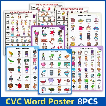 8 бр. плакати за изучаване на английски език CVC Word, акустика, плакати за деца, голяма пощенска картичка с надпис 
