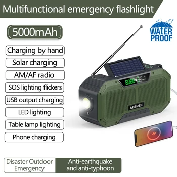 ABREE Disaster AM/FM радио, ръчно зарядно устройство за телефона в слънчева батерия, многофункционален led фенерче за нощуване на открито