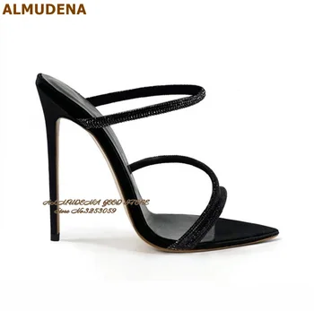 ALMUDENA, черни блестящи чехли на висок ток с остър пръсти, шипове, модел обувки с кристали, без закопчалка, блестяща диамантена каишка