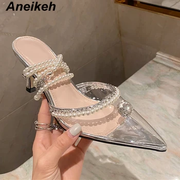 Aneikeh, модерни елегантни дамски обувки-лодка с украса във вид на диаманти, чрез шнурове с PVC, обтегач, пролетно-лятната парти, сватба обувки на висок ток