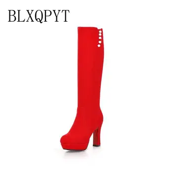 BLXQPYT/новост; Големи размери 33-41; ботуши до коляното; дамски есенно-зимни обувки с цип; дамски обувки на платформа и висок ток; tx-1