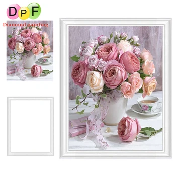 DPF Розови цветя в рамка Диамантена бродерия кръгла пълна Картина на Диамантена кръст бод Планински кристал, Декорация на стена арт подарък