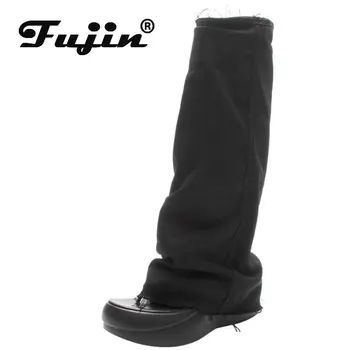 Fujin/ Модни Ботильоны дължина 6 см, с заколкой на чорап, летни дънкови Джапанки на платформа, Отворен Дамски Обувки до средата на Прасците На дебелите ток, Ботильоны-Джапанки