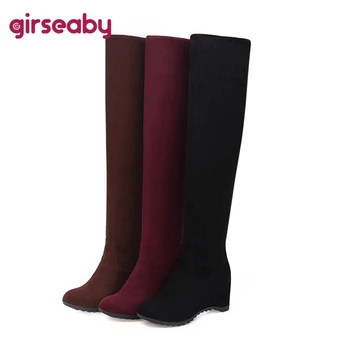 Girseaby/есенно-зимни дамски Модни обикновена топли Ботуши над коляното 44 размер; Високи Ботуши на танкетке с кръгла пръсти; F1296
