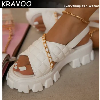 KRAVOO 2023, нови дамски кожени сандали, летни сандали в клетка с метална верига, ежедневни, сандали с плоска платформа с катарама за жени