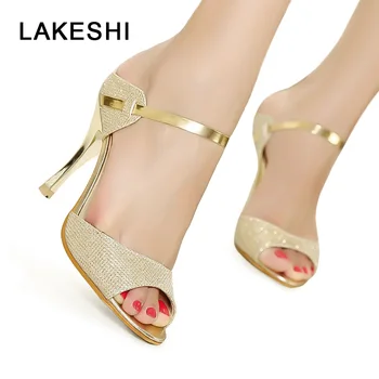 LAKESHI/ дамски обувки-лодка с отворени пръсти, обувки на висок ток златисто-сребрист на цвят, женски обувки на токчета, модерни сандали на тънък ток, лятна дамски обувки