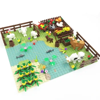 MOC Пъзел игра, която свързва градивните елементи на ферми на брега на река, растения на открито, Царевица, овце, хамбар, Ябълки, Играчка за деца на природата