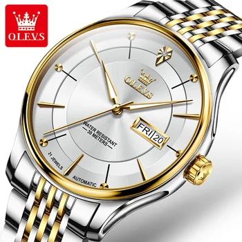 OLEVS, мъжки механичен часовник каишка от неръждаема стомана, водоустойчив, устойчив на надраскване, бизнес автоматични часовници с двойно календар за мъже