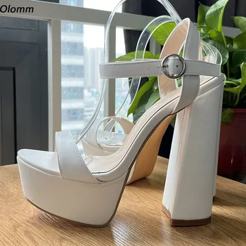 Olomm, ново записване, дамски летни сандали на масивна ток с отворени пръсти, красиви бели дамски официални обувки, размерът на САЩ 35 43 44 45 46 47