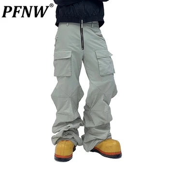 PFNW Пролетни мъжки шикозни панталони 3D Намаляване с Деконструированной Текстура И плисета, на приливи и отливи, Широки Панталони с Деконструкцией Против бръчки, Стръмни Панталони 12A9979