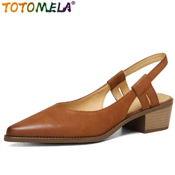 TOTOMELA/2023, размери 34-41, нови обувки, средно на квадратен ток, реколта дамски сандали-сандали без обков от овча кожа, дамски сандали