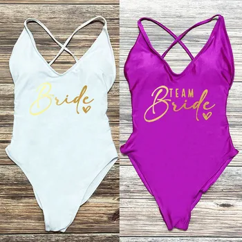 Team Bride Love Бикини 2023, женствена секси боди, едно парче бански, бански костюми за булката, дамски бански костюми за ергенско парти, плажни дрехи за плуване, femme