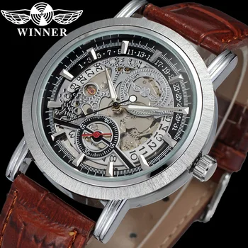 WINNER Класически автоматични механични мъжки ръчен часовник в стил милитари, спортни мъжки часовници, най-добрата марка, луксозни кожени мъжки часовник, подарък 8077