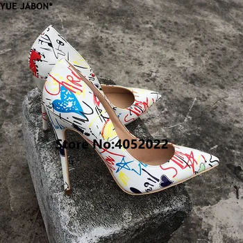 YUE JABON/2021, цветни сватбени обувки с графити, черни пикантни пролетни дамски обувки-лодка с остри пръсти 8/10/12 см