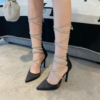 ZOOKERLIN/ Летни дамски сандали с остър копринен каишка на щиколотке, украсени с пайети, на висок ток, однотонная модни дамски обувки-гладиатор