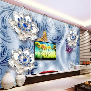 beibehang Синьо в синьо-бял порцелан с релефни цветя, бижута на фона на стената потребителски голям стенопис зелени тапети