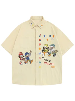 Американски мазник със забавни анимационни бродерия, вельветовая риза с къс ръкав, мъжки и женски свободни ризи, градинска дизайнерски дрехи