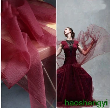 Бистра плиссированная плат с вкара текстура вино-червено, прозрачно газово украса за тъкани на сватбена рокля