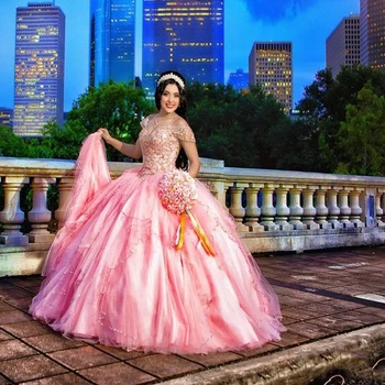 Блестяща розова бална рокля, буйни рокли с аппликацией от мъниста, Празнична рокля на принцеса 15 Anos Sweet 16, рокля за рожден ден