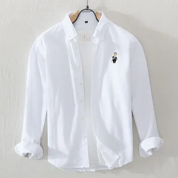 Висококачествена японска однотонная ежедневни риза от 100% памук с дълъг ръкав, бродерия на 