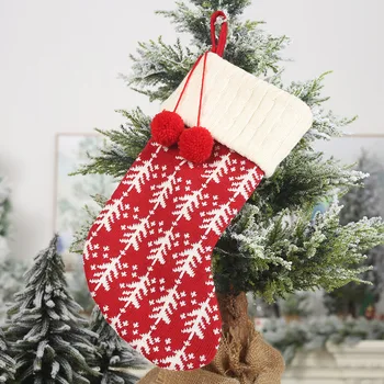 Вязаный коледен чорап в червена, бяла, зелена ивица, торбичка за бонбони, ябълка, Лосове, снежинка, детска подарък чанта, чорап за украса на Коледната елха