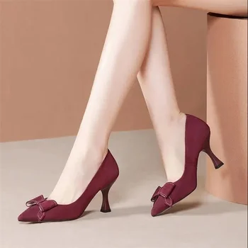Дамски, Класически Обувки с Остри Пръсти, с цвят на Червено Вино, Пролетни Обувки на висок Ток, без закопчалка с папийонка, Женски Стръмни черни велурени обувки-лодка Zapatos De Mujer E392