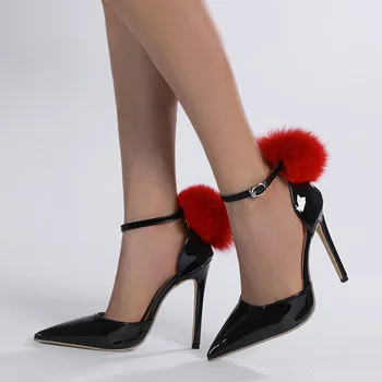Дамски Секси сандали с каишка на щиколотке и катарама от лачена кожа на тънък ток 11 cm, с помпоном за парти, чубрица сватбени обувки на висок ток